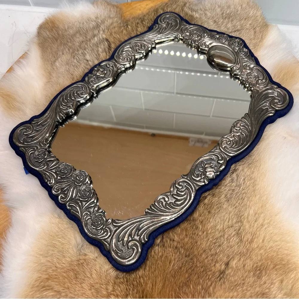 Vintage Victorian Style Repousse Ornate Silver Plated Mirror Frame Velvet Back